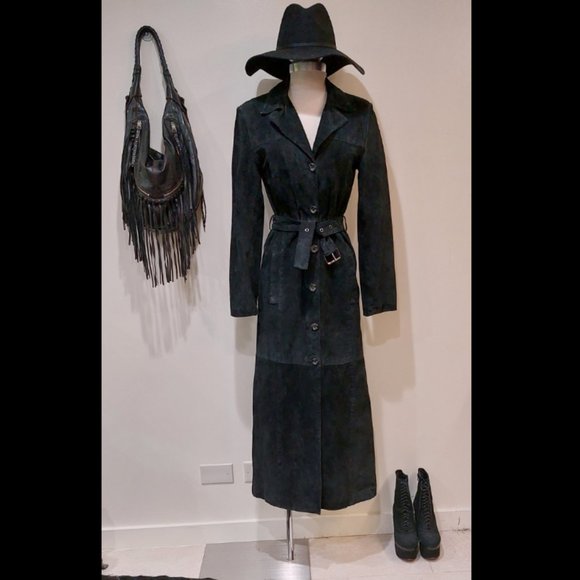 🍂HOST PICK🍁💋STUNNING BOHO CHIC💋 VTG 70s Genuine Leather Maxi Trench in Black - Picture 6 of 15